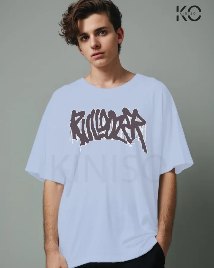 Image of Sky Blue color drop shoulder t-shirt with Bulldozer Print for men at reasonable price